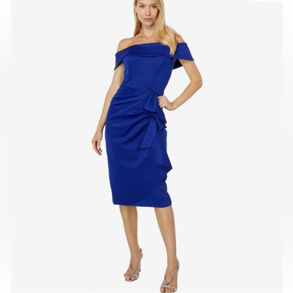 NWOT XSCAPE "Vanessa" OTS Scuba Crepe Side Ruched Dress - Sz 4 - Picture 2 of 11